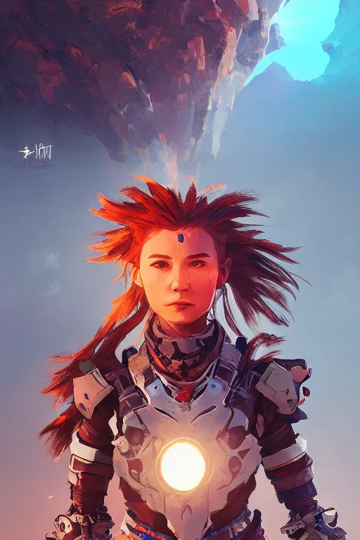 Image similar to combination suit armor aloy horizon forbidden west horizon zero dawn radiating a glowing aura global illumination ray tracing hdr fanart arstation by ian pesty and alena aenami artworks in 4 k tribal robot ninja mask helmet backpack