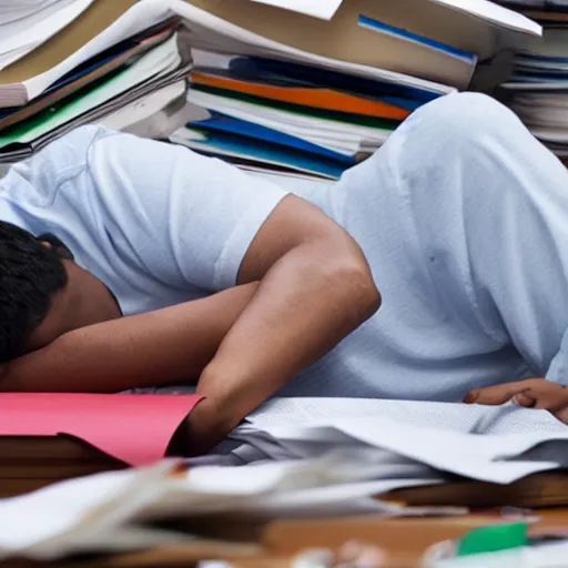 Prompt: a worker asleep between piles of papers