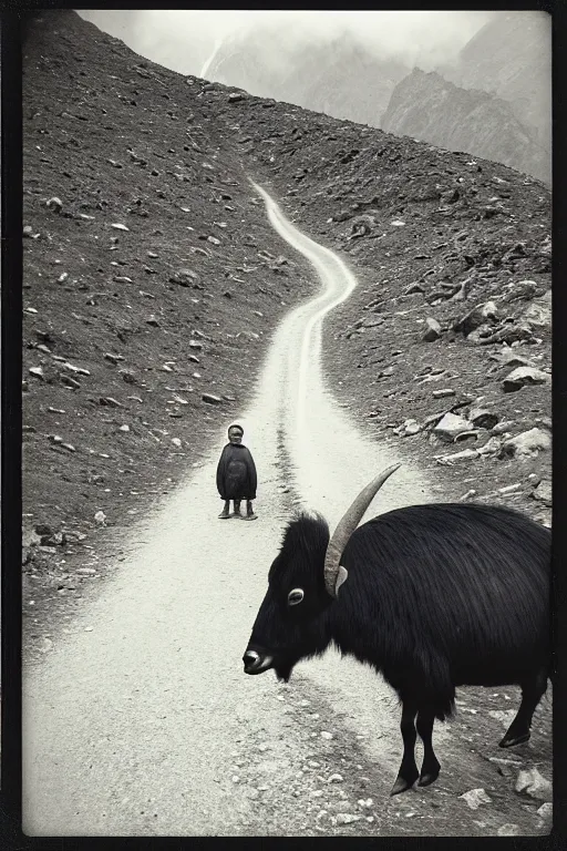 Image similar to photo polaroid of a sad and lonely child in the middle of a mountain road with many tahr on either side , Nepal,Himalayas, loneliness, black and white ,photorealistic, 35mm film,