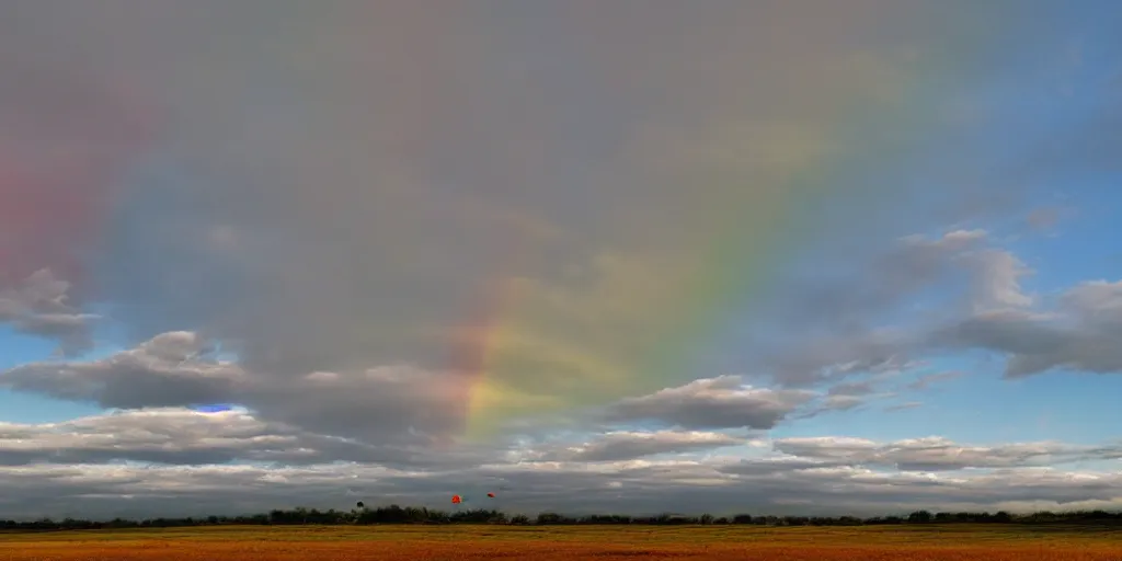 Image similar to empty clown land for miles in every direction there is a long caravan of clowns and clown cars from the 1 8 0 0 s on the horizon puffy clouds in the sky at sunset, rainbow hour, rule of thirds, art, red and yellow