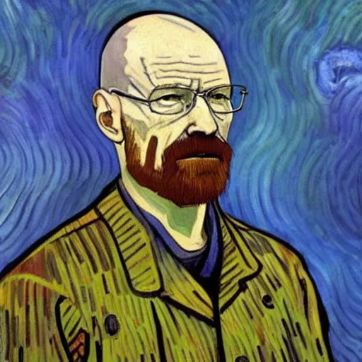 Image similar to walter white painted by van gogh, oil painting, intricate, stylized, painting