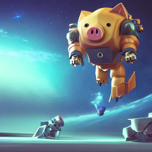 Image similar to 3D Fantasy Cute and adorable mecha piggy floating in space, bright stars, Smooth 3D Illustration, soft render, Servando Lupini, Daniil Kudriavtsev, handpaint texture, Blender, 3DCoat