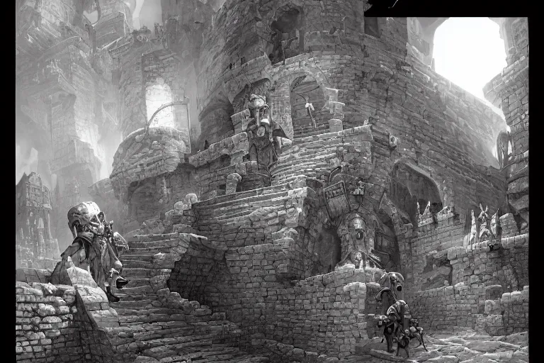 Prompt: black and white point perspective dungeon cozy fantasy dungeon the possessed golem merchant Alara is selling cheesy bardings,by artgerm and Craig Mullins, James Jean, Andrey Ryabovichev, Mark Simonetti and Peter Morbacher 16k