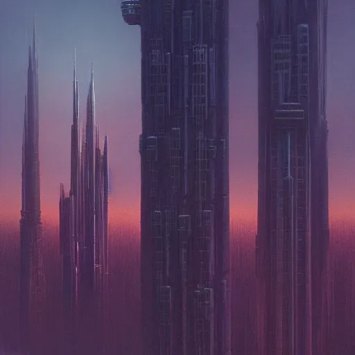 Image similar to towering spires of buildings, cyberpunk bladerunner style, beksinski and star wars style painting