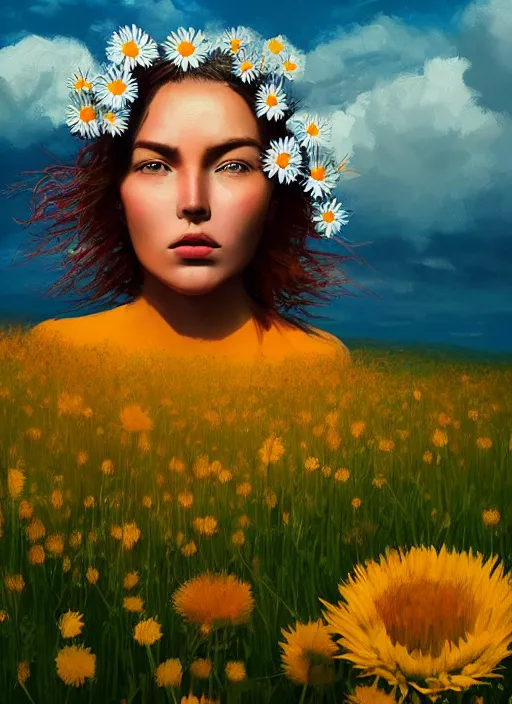 Image similar to portrait of a female face made of giant daisies, standing in a flower field, holding flowers, surreal photography, sunset dramatic light, impressionist painting, colorful clouds, large sky, digital painting, artstation, simon stalenhag