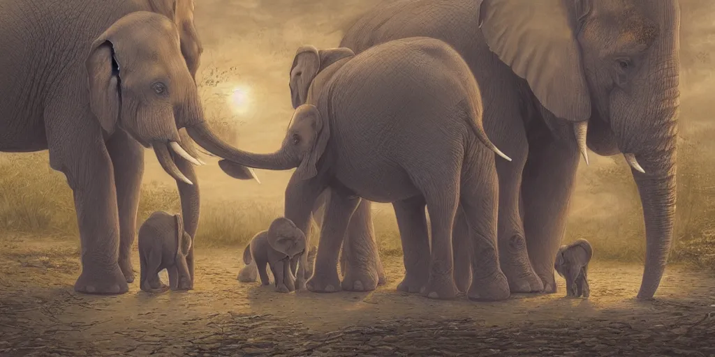 Prompt: two adult elephants comfort a baby elephant, golden hour, savannah, illustration, detailed, smooth, soft, warm, by Adolf Lachman, Shaun Tan, Surrealism