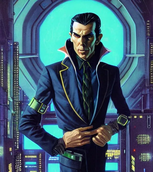 Prompt: a cyberpunk very ugly mafia boss in a suit with slicked back black hair played by christen bale as an elf, 1 9 7 9 omni magazine cover, style by vincent di fate, artgerm, very coherent, detailed, 4 k resolution, dark, unreal engine, daz