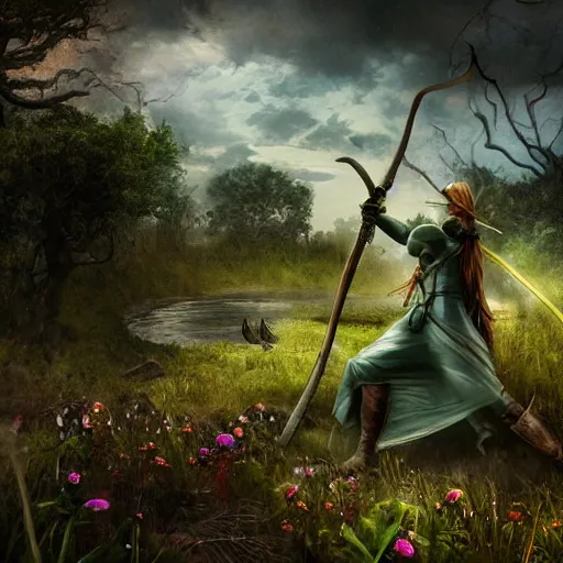 Image similar to a scythe teeming with nature magic energy, and bits of vines and flowers. In the background, a druid is wielding the scythe. fantasy, art, photorealistic, depth of field, backlighting