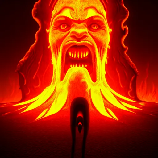 Prompt: ( a screaming humanoid nightmare walks on lava towards the gates of hell ) by barlowe wayne, photorealistic, dynamic lighting, very detailed faces, trending on artstation, wallpaper, dream, 4 k, award winning, vivid colors, beautiful fire