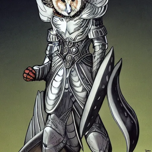 Image similar to barn owl warrior wearing an armor,small horns like a crown in the head, by Takeshi Obata