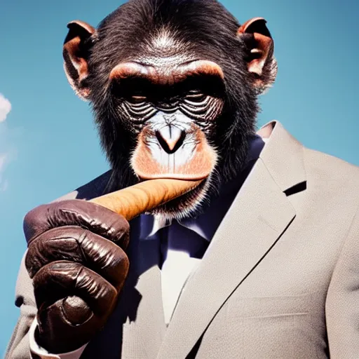 Image similar to a high detail closeup shot of a chimp wearing a suit and smoking a cigar