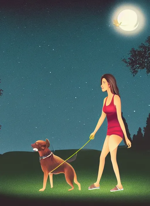 Image similar to young beautiful brown woman walking her dog in a park at night with a full moon, illustration, photoreal, fantasy