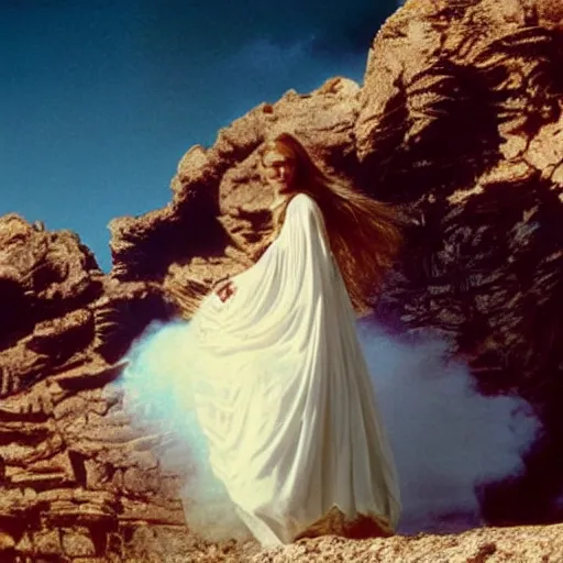 Image similar to 1 9 7 0's artistic spaghetti western movie, a woman in a giant billowy wide flowing waving dress made out of white smoke, standing inside a dark western beautiful rocky scenic landscape, volumetric lighting, backlit, moody, mercurial, atmospheric