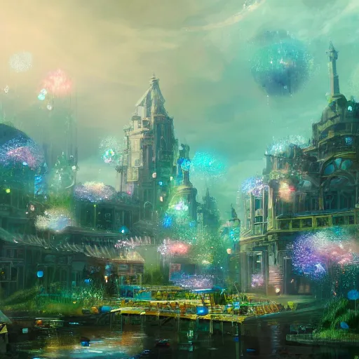 Image similar to a utopian city, filled with fauna, with bubbles floating around everywhere, dynamic lighting, fantasy concept art, trending on art station, stunning visuals, creative, cinematic, ultra detailed