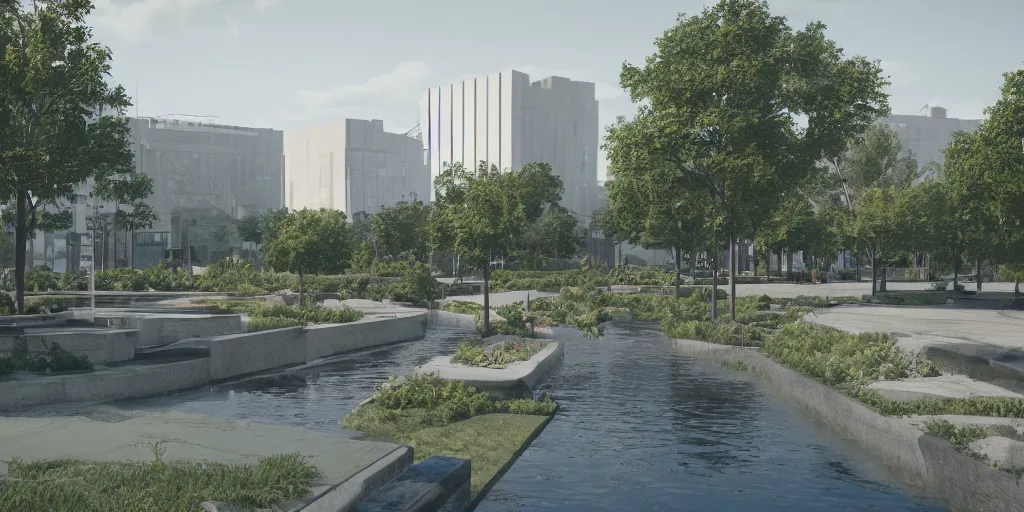 Image similar to city center public park, modern landscape architectural design for industrialpunk, water in the middle, dramatic lighting and composition, octane render, unreal engine 5, 8k