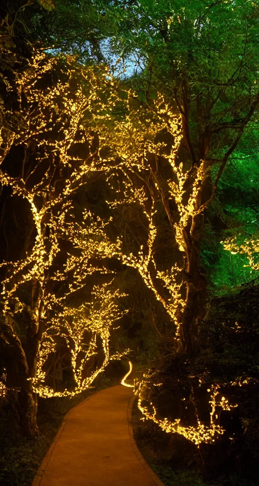 Image similar to a winding pathway through lothlorien, illuminated by an otherworldly glow