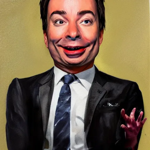 Prompt: hyper realistic painting of jimmy fallon as my sleep paralysis demon