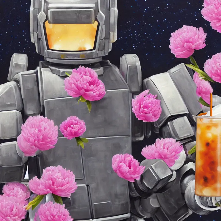 Image similar to A beautiful oil painting hyperrealism of armored mecha cyber drinks a magical bubble tea in a constellation of peonies, digital art