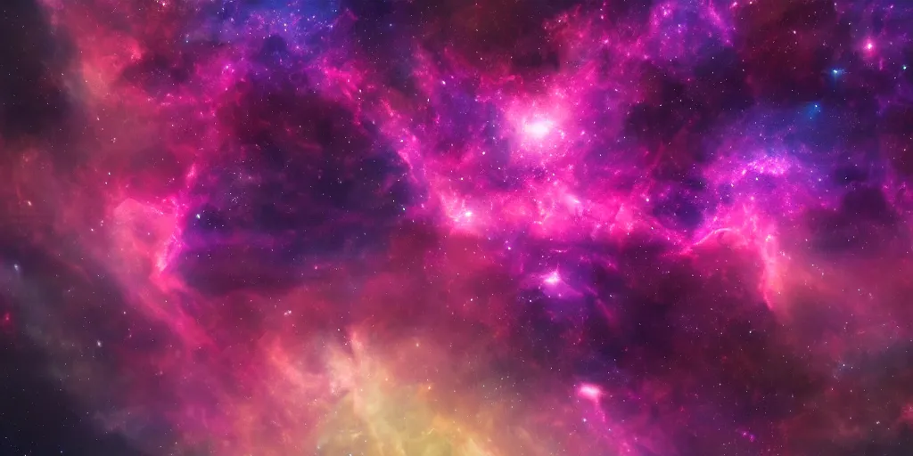 Image similar to magnificent photography of a nebula in deep space landscape, pink and purple chaotic clouds, stars, unreal engine render, nasa, artstation, deviantart, 8 k
