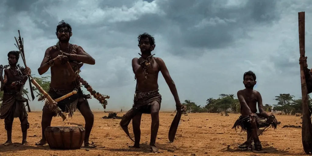 Image similar to sri lankan mad max style, playing bongo drum, film still, epic shot cinematography, rule of thirds