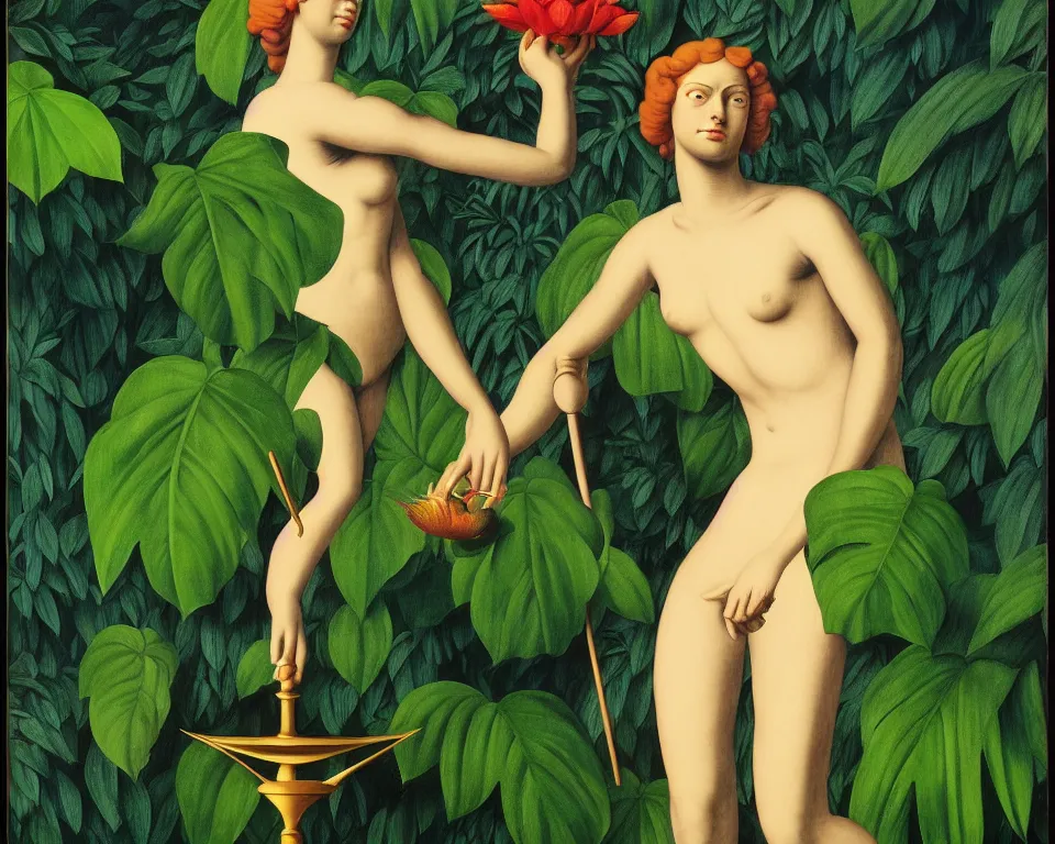 Prompt: an achingly beautiful print of blind lady justice in the tropical rainforest by Raphael, Hopper, and Rene Magritte. detailed, romantic, enchanting, trending on artstation.