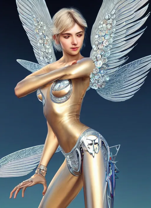 Image similar to full body photo of a gorgeous young mechanical angel woman with crystal wings in the style of stefan kostic, realistic, sharp focus, 8 k high definition, insanely detailed, intricate, elegant, art by stanley lau and artgerm