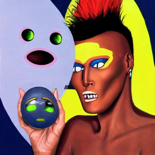 Image similar to beautiful lifelike painting of grace jones feeding her bioenhanced tamagotchi child, hyperreal detailed facial features and uv lighting, art by ed roth and basil wolverton