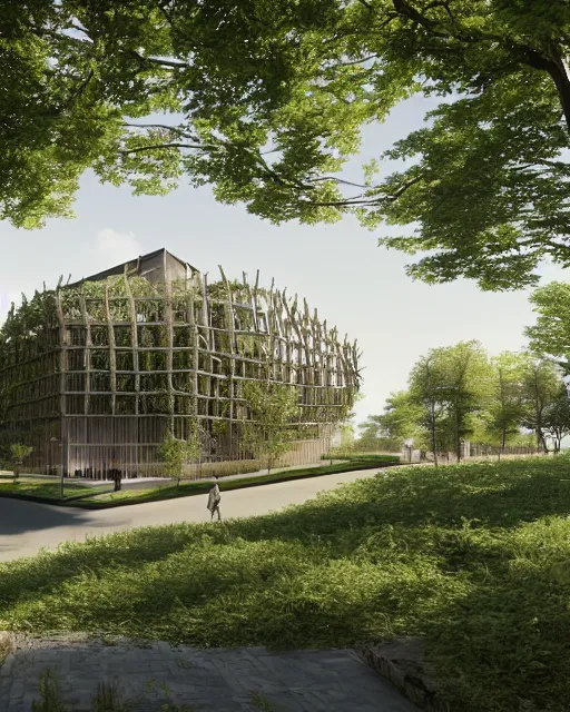 Prompt: a beautiful 3d renderings of buildings, architecture by Kengo Kuma. green architecture, 14mm, cinematic , high resolution 4k, cg architects, vray