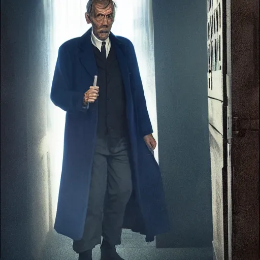 Image similar to hugh laurie as a rough dirty old man with a scruffy beard in a dark blue trenchcoat as the new doctor who, cinematic, volumetric lighting, f 8 aperture, cinematic eastman 5 3 8 4 film, photorealistic by greg rutkowski, by stanley artgerm, by alphonse mucha