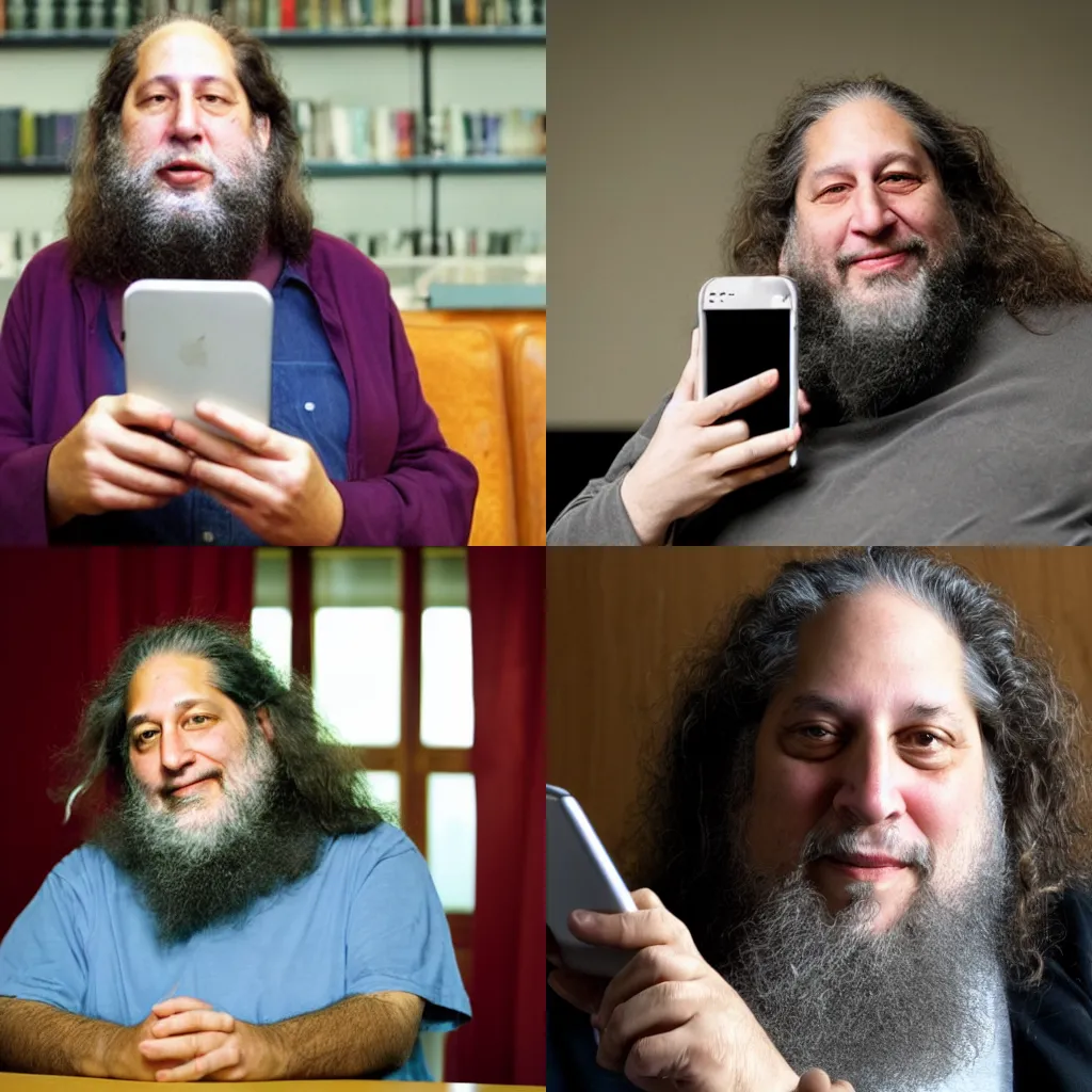 Prompt: photo of Richard Stallman using a smartphone