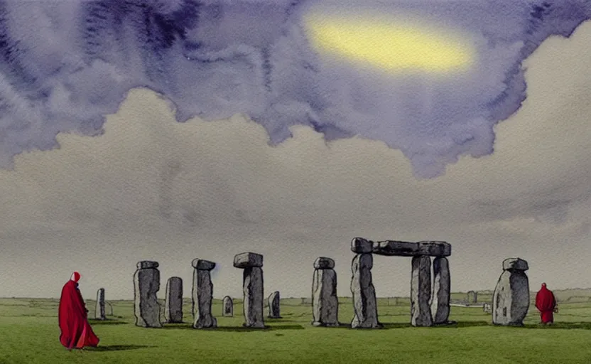 Image similar to a hyperrealist watercolour character concept art portrait of small grey medieval monks levitating stones in the air in front of a complete stonehenge monument on a misty night. a ufo is in the sky. by rebecca guay, michael kaluta, charles vess and jean moebius giraud