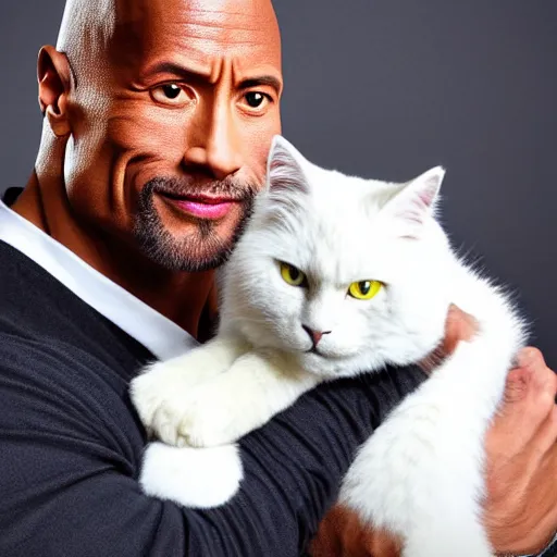 Image similar to dwayne johnson holding a fluffy white cat with yellow eyes, studio lighting, promotional photograph