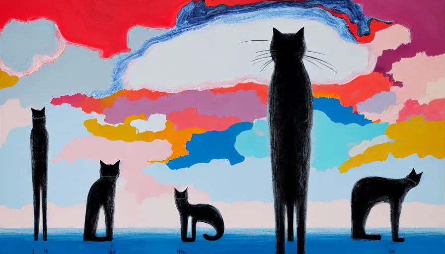 Image similar to contemporary semi abstract acrylic painting of really tall sitting cats by makoto shinkai, by stanley donwood, kessler art, thick brush strokes and visible paint layers, multicolor color scheme