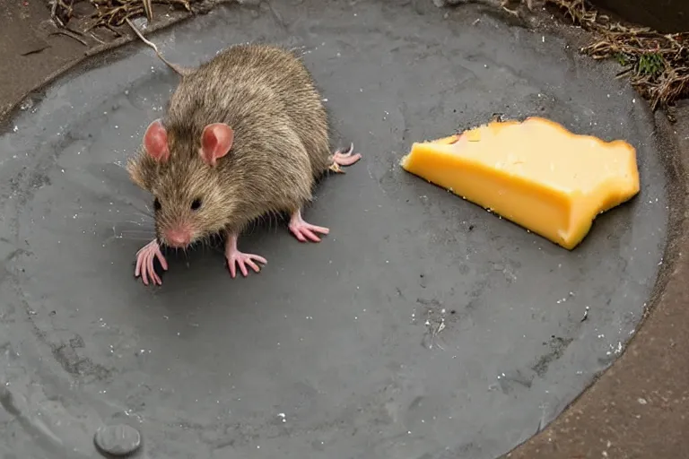 Image similar to a giant rat eating cheese in a sewer, photograph, terror, horror, mutant,