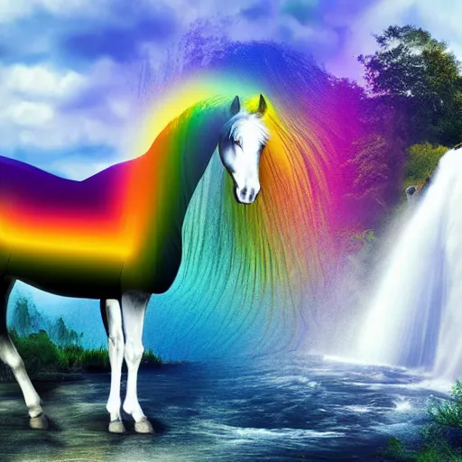 Prompt: white horse with long flowing rainbow mane standing on top of a hill with a waterfall detailed realistic professional photograph