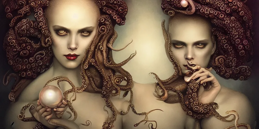 Image similar to queen of octopus with pearls embedded, nouveau, beautiful, by Anato Finnstark, Tom Bagshaw, Brom