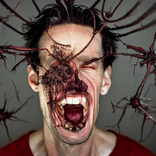 Image similar to long shot photo of a man where his skin is covered with dendritic cordyceps militaris, mouth open, style by david cronenberg, large format full frame photography, hyperrealism