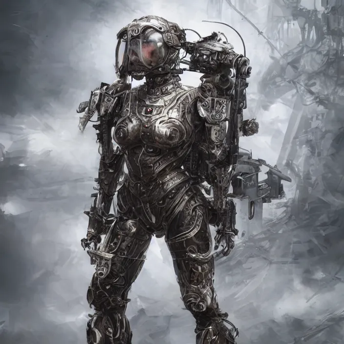 Prompt: gritty asian woman in mech armor suit, hyper - detailed, octane render, sharp focus, 4 k ultra hd, fantasy dark art, apocalyptic art
