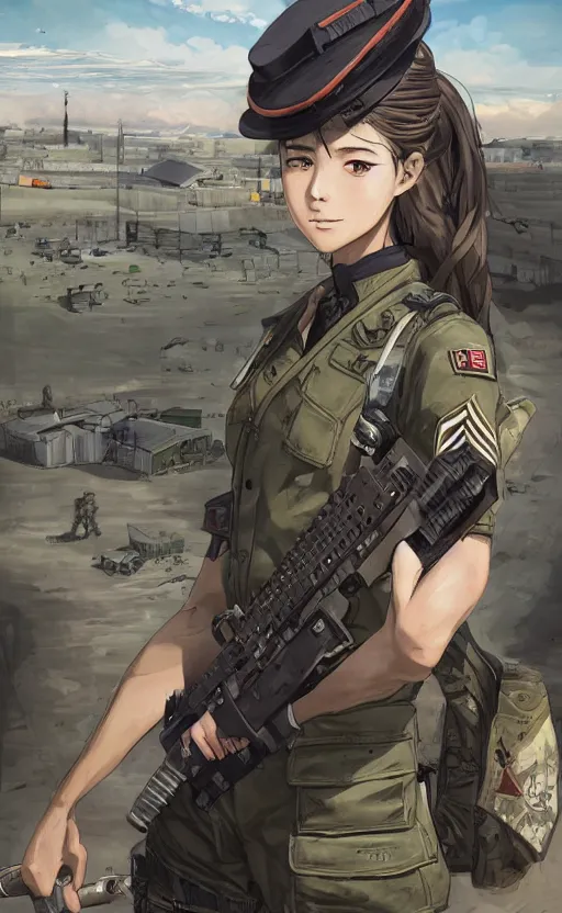 Image similar to portrait of a female soldier, highly detailed, high resolution, military camp in the background, the front of a modern trading card, illustration, character concept art, stunning, girls frontline style, by mangaka, matte, 100mm, by shibafu, studio mappa, realistic human anatomy, realistic military carrier, modern warfare, realistic weapon, digitally draw on wacom tablet, low saturation, small eyes