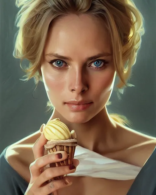 Image similar to portrait of a blonde barbara bach from the bond film eating ice creams in porto, real life skin, intricate, elegant, highly detailed, artstation, concept art, smooth, sharp focus, art by artgerm and greg rutkowski and alphonse mucha