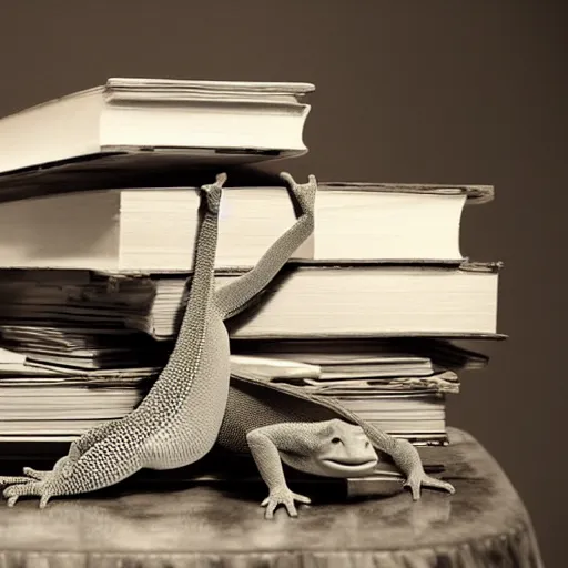 Image similar to the! geico! gecko on a table, being crushed to death by a stack of books, commercial, studio