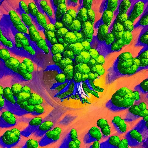 Image similar to Aerial view of A beautiful, gigantic, 1000-foot-tall leafy tree as big as a mushroom cloud, growing out of the center of a regular-sized modern city. The city is built upon the giant tree's roots and the base of its trunk. Fantasy art, oil painting.