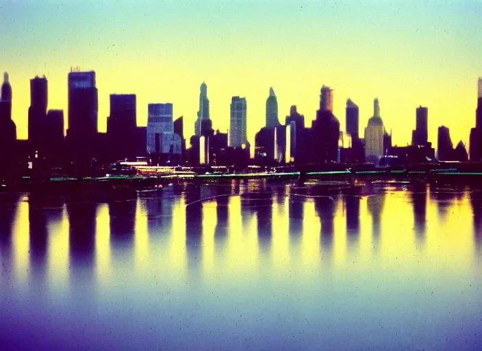 Image similar to retro color photo of a city skyline in the 8 0's. reflections in the water