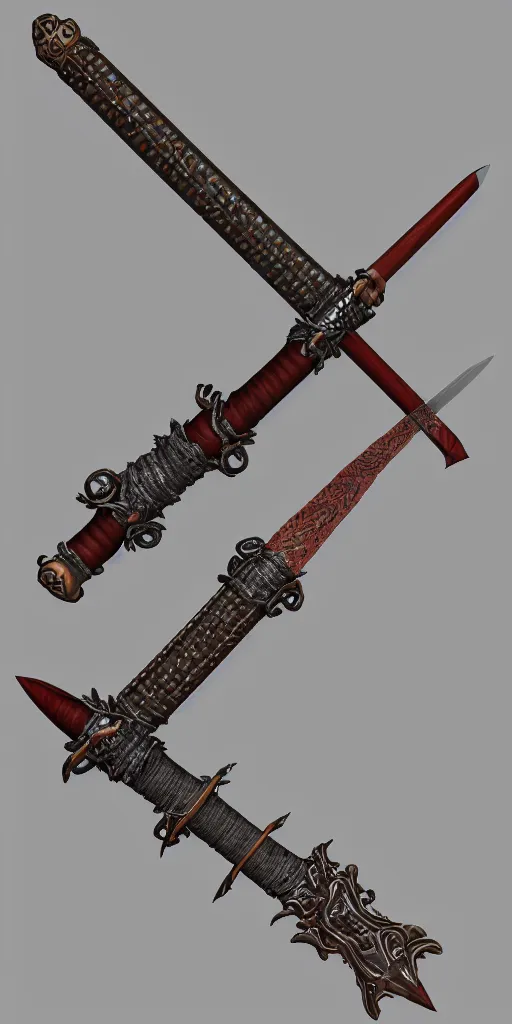 Image similar to a 3d model of a long sword, positioned vertically in the center, with dragon like handle