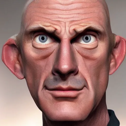 Image similar to A middle-aged Dr. Venture in real life with a hooked nose, a long gaunt face and skinny body and neck, very thin and bald, realistic, very realistic, hyperrealistic, highly detailed, very detailed, extremely detailed, detailed, digital art, oil painting, trending on artstation, headshot and bodyshot, detailed face, very detailed face, extremely detailed face, HD Quality, 8k resolution, very very detailed face, real life