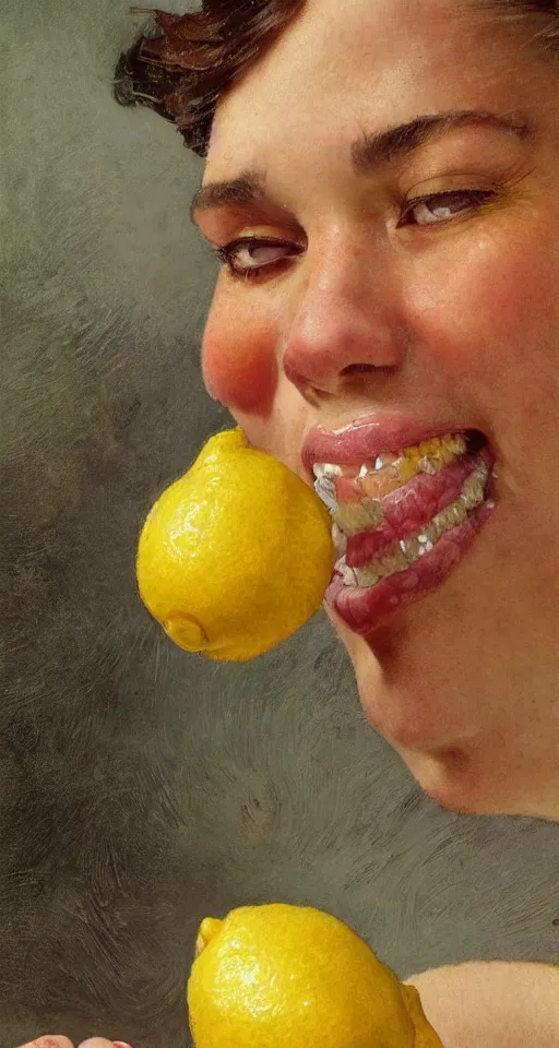 Prompt: close up of a person squeezing lemon for lemonade, sun shining, photo realistic illustration by greg rutkowski, thomas kindkade, alphonse mucha, loish, norman rockwell.