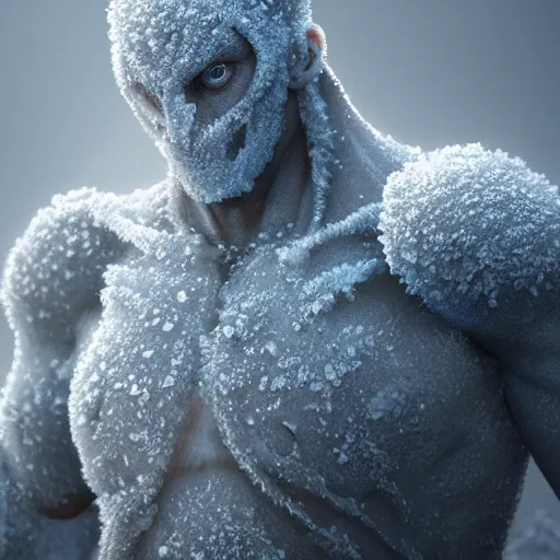 Image similar to frost character, full body, hyper realistic, photoreal render, octane render, trending on artstation