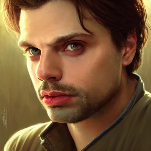 Prompt: portrait of Sebastian Stan, wide angle, intricate, wild, highly detailed, digital painting, artstation, concept art, smooth, sharp focus, illustration, art by artgerm and greg rutkowski and alphonse mucha - W 768