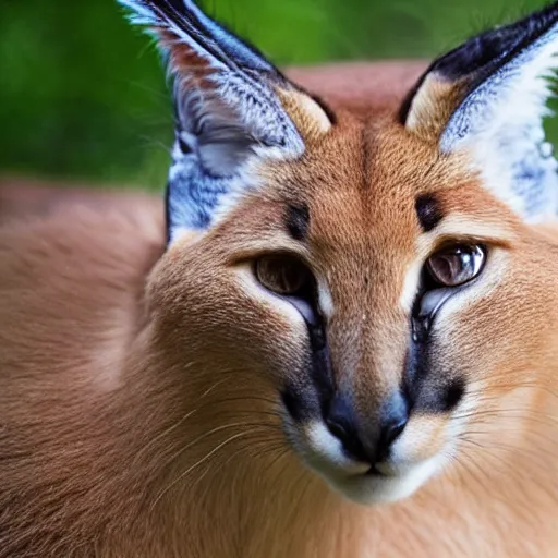 Image similar to full body photo of cute caracal. he is wearing laurel wreath on his ears, studio light