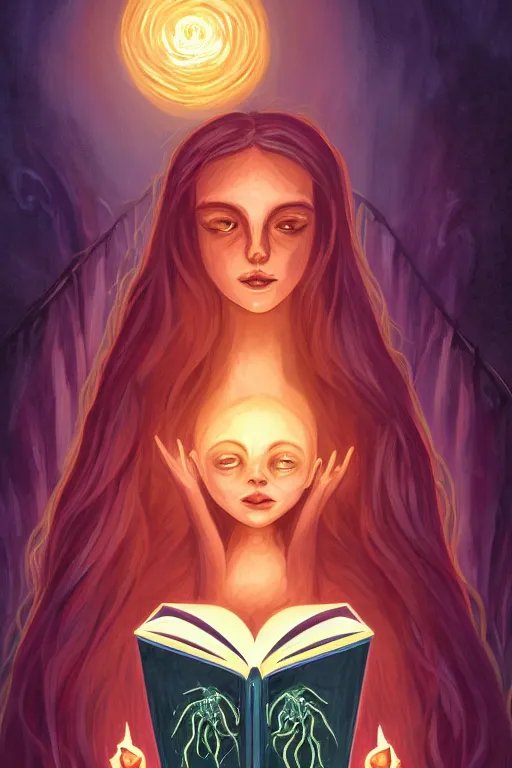 Image similar to romantic illustration of bright girl, her cat and her book of necronomicon, symmetrical, cinematic, sharp focus, 4 k, ultra hd, sense of awe, sinister demonic atmosphere, dreadful, forbidden knowledge, old gods, cthulhu, yog - sothoth! yah, yah, yah! cultist journal cover